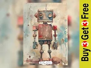 Charming Vintage Robot, Watercolor Painting Print 5"x7" on Matte Paper - Picture 1 of 6