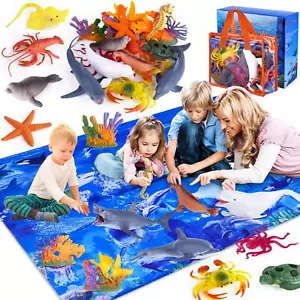 SEA ANIMAL TOYS with Large Play Mat Carrier Bag Ocean Kids 18 Pack GINMIC - Picture 1 of 8