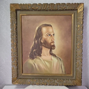 Pintura de retrato de colección 23"x20" decoración de pared religiosa tallada en madera ornamentada enmarcada antigua - Imagen 1 de 20