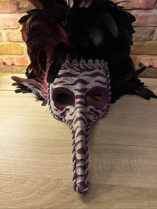 Venetian Carnival Large Feather Masquerade Long Nose Mardi Gras Silver/Purple - Picture 1 of 9