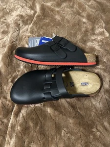 Black Leather Birkenstock Boston Clog With Red Accents Soft Footbed Size 8 Mens - Picture 1 of 7