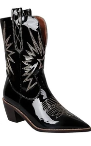 MOOMMO Women Red Chunky Heel Cowboy Boots Embroidered Patent Mid Calf (Size 10) - Picture 1 of 4
