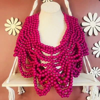 Hot Pink Beaded Caplet Necklace Chunky Statement Bold Maximalist Style Fashion - Imagem 1 de 4
