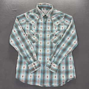 Ryan Michael Shirt Mens M Turquoise Brown Plaid Western Snap Cowboy Rodeo Cotton - Picture 1 of 15