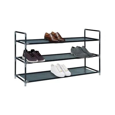3 Tier Long Fabric Organiser Shoe Shelf Rack, Stand Storage, Space Saving, Black - Image 1 of 4