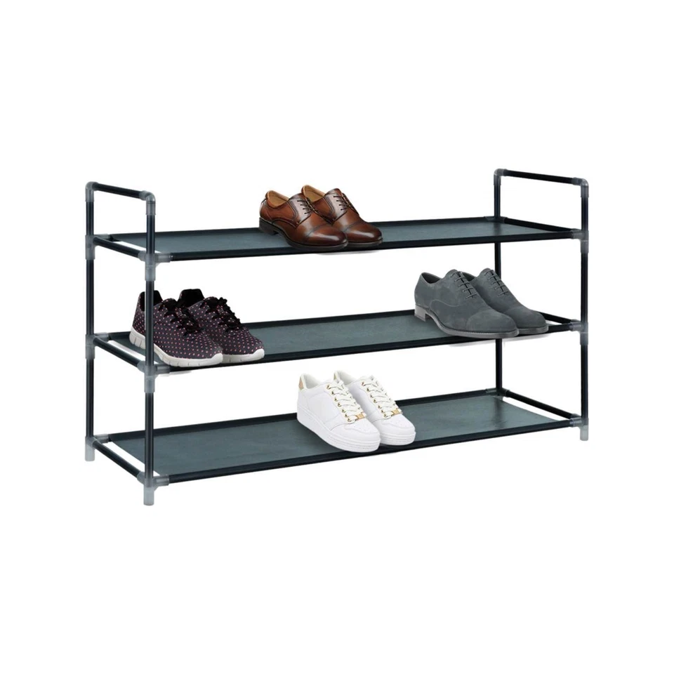 3 Tier Long Fabric Organiser Shoe Shelf Rack, Stand Storage, Space Saving, Black - Image 1 of 4