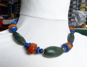 Ancient Serpentine Stone Beads Necklace with Moroccan amber and lapis lazuli - Picture 1 of 7