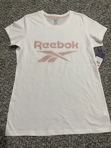 Reebok Ladies Vector Logo Cotton Tee - White/Pink - Small- Slim- Brand New w Tag - Picture 1 of 4