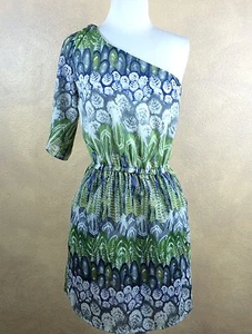  Vestido Love 21 Un Hombro Verde Azul Gris Estampado Pluma Talla XS - Imagen 1 de 10