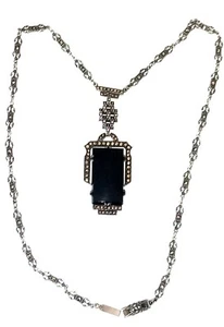 Antique Black Onyx Marcasite Pendant On A Sterling Silver Necklace 18 Inches - Picture 1 of 12