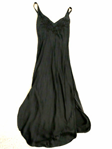 Vtg Victorias Secret Gold Label Black 100% Silk Embroidery Long Lingerie Dress P