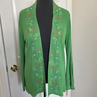 DVF Silk Assets Green Split Sleeve Embroidered Open Front Cardigan Sz - M - Image 1 of 4