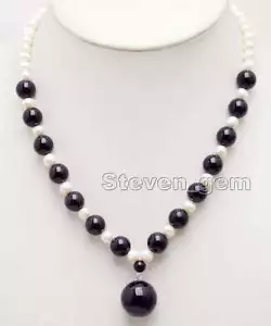 SALE Big 18mm Round agate Pendant &Natural 6-7mm White Pearl 17" necklace-n5994 - Picture 1 of 4