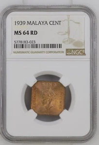Malaya: full RED GEM BU 1 cent 1939 NGC MS64RD - Picture 1 of 2