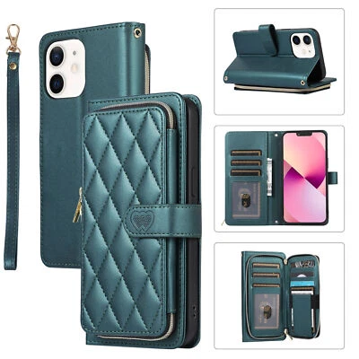 Grid Leather Wallet Zipper Phone Case For iPhone 11 12 13 14 15 Pro Max XR 7 8 - Image 1 of 4