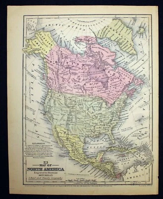 Mapa Antiguo 1852 América del Norte Mitchell's Con Ciudades Poblaciones Color Foto 1 de 4