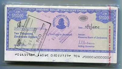 Zimbabwe Dollar Travellers Cheque $10 000 Check 2003 P17 Rare x 100 Pieces B - Image 1 of 3