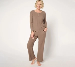 Muk Luks Varigated Rib Henley Lounge PJ Set Café L Usado - Imagen 1 de 1