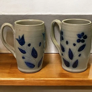 Set Of 2 Mugs Pottery Handmade Stoneware Glossy Blue Glaze Flowers Tulip 5” - Picture 1 of 9