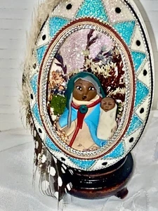 REAL Hand Decorated Carved Goose Egg Decoration Fimo Clay Miniature Headdress  - Picture 1 of 13