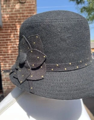 DPC Women's Black Wool Blend Bowler Cloche Bucket Hat Floral Accent One Size - Image 1 of 4