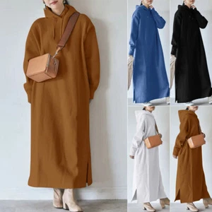 Womens Long Sleeve Fleece Hooded Sweatshirt Maxi Dress Loose Solid Hoodie Dress - Picture 1 of 16