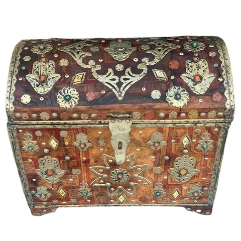 Antique Moroccan Cedar Storage Chest - Leather, Bone, Silver, Gems, Hamsa Hand Cover