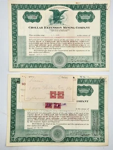 1938 Chollar Extension Mining Co. Stock Certificates & SF Harris Cross Receipts - Bild 1 von 9