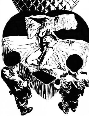 Ilustración de tinta original Escena del crimen arte pulp negro Foto 1 de 2