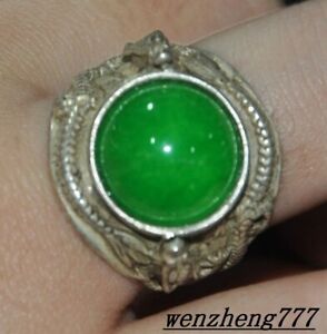 Tibetan silver carved dragon inlay green jade Dynasty palace Jewelry Ring