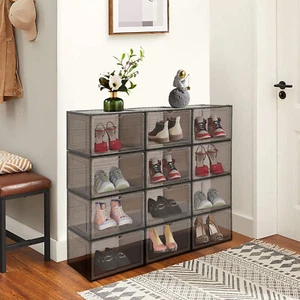 12 piezas Cajas de Zapatos Apilables Negro Marrón Acrílico Transparente Almacenamiento de Zapatos Vitrina - Imagen 1 de 16