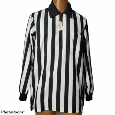 Adams Smitty 男式足球裁判衬衫白色条纹长袖口袋 M 全新 — 第 1/4 张图片