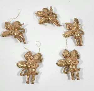 Juego de 5 Adornos Instrumentos Ángeles Querubín Brillo Plástico Dorado De Colección - Imagen 1 de 3