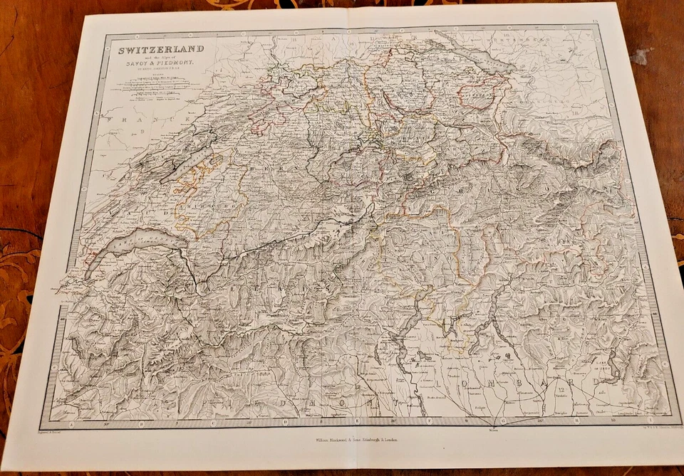 1861 Mapa Coloreado a Mano Madera Negra Cantones Suiza Alpes Saboya Piamonte Ginebra Foto 1 de 1