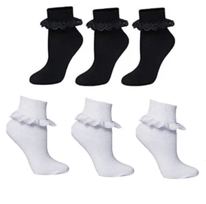 6 X Pairs Girls Frilly Lace Ankle Socks in Black & White Cotton Footwear - Picture 1 of 3