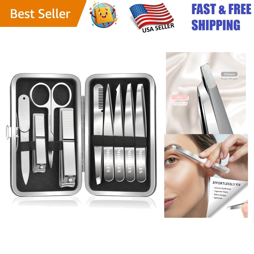 Luxury 9-Pc Nail Care Set: Stainless Steel Tweezers & Clippers in Leather Case Foto 1 de 4
