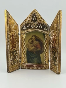 Florentine Italy Gold Gilt Wooden Triptych Raphael's "Sistine Madonna" 6⅜"T 6⅛"W - Picture 1 of 15