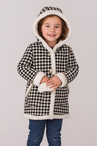 Girls' Houndstooth Winter Coat with Faux Fur, Pearl Buttons & Matching Handbag - Imagen 1 de 2