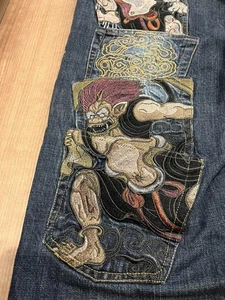 Jeans Karakuri Tamashii uomo design Fujin Raijin denim ricamato taglia 40 - Foto 1 di 9