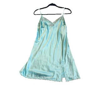 Y2K Victoria's Secret Slip Mini Turquoise Dress Satin Lace Lingerie Night Gown L - Picture 1 of 12