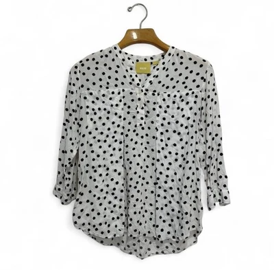 Anthropologie Maeve Brunia Black Polka Dot Henley Blouse Medium Pockets - Image 1 of 4