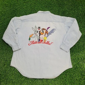 Vintage 90s Looney-Tunes Button Shirt XL 25x31 Pinstripe - Picture 1 of 18
