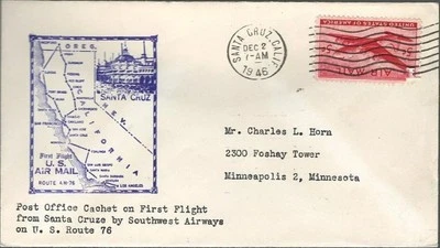 US First Flight Cover Southwest Airways Santa Cruz to Monterey 1946 US Scott c32 - Image 1 of 2