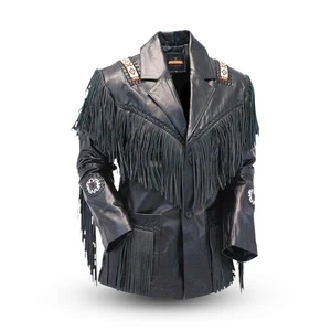 Western Cowhide Leather Jacket Mens Native American Beads & Fringe Cowboy Jacket - Picture 1 of 4