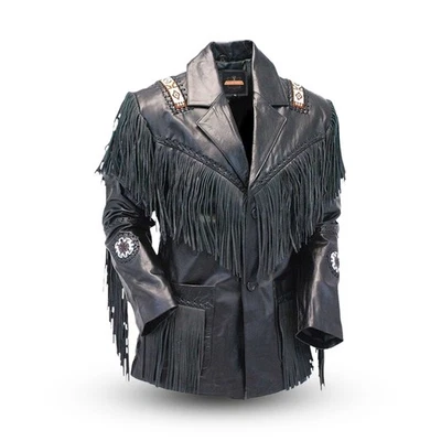 Western Cowhide Leather Jacket Mens Native American Beads & Fringe Cowboy Jacket - Image 1 of 4