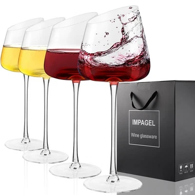 Slanted Red/White Wine Glasses, Crystal, Large, Hand-Blown Set of 4 Modern Lo... - Image 1 of 4