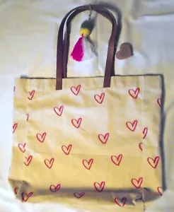 Eccolo Canvas Tote Leather Handles Pink Hearts Pom-Pom Tote NWT - Picture 1 of 9