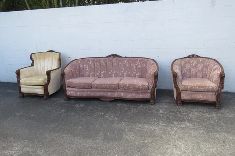 Victorian Early 1900s Carved Lion Head Sofa His and Her Chair Set of Three 4021 Cover