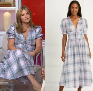 Neu mit Etikett Hill House Sabrina Kleid Midi kariert Puffärmel blau ASO Jenna Bush Large - Bild 1 von 15