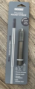 Zoku Reusable Collapsible Pocket Straw w/ Case & Brush, Silver, New - Picture 1 of 2